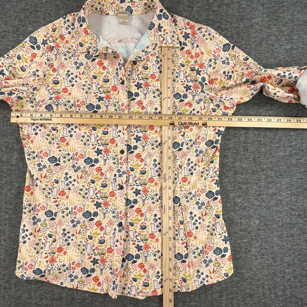 Duluth Trading Co. Garden Tool Print Shirt L Wrinklefighter Roll Tab Cottagecore - Picture 5 of 11